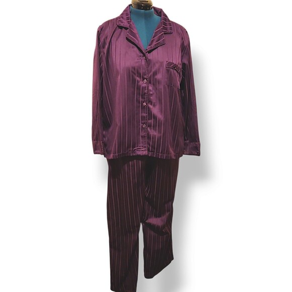 MISS ELAINE Women's 2-Pc. Striped Notched-Collar Pajamas Set Sz XL Cranberry - Picture 2 of 7